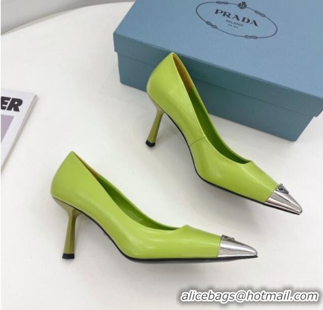 Popular Style Prada Brush Leather Slingback Pumps 7.5cm with Metal Logo Green 0523103