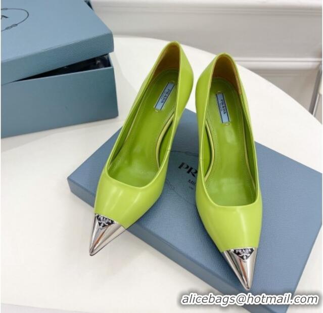 Popular Style Prada Brush Leather Slingback Pumps 7.5cm with Metal Logo Green 0523103