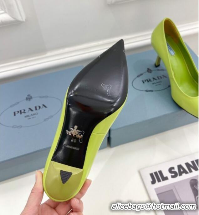 Popular Style Prada Brush Leather Slingback Pumps 7.5cm with Metal Logo Green 0523103