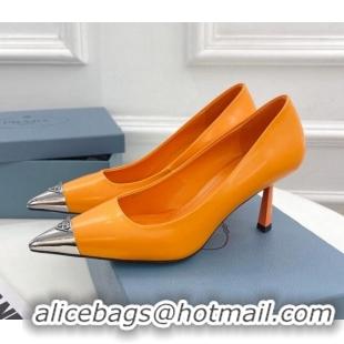 Pretty Style Prada Brush Leather Slingback Pumps 7.5cm with Metal Logo Orange 0523104