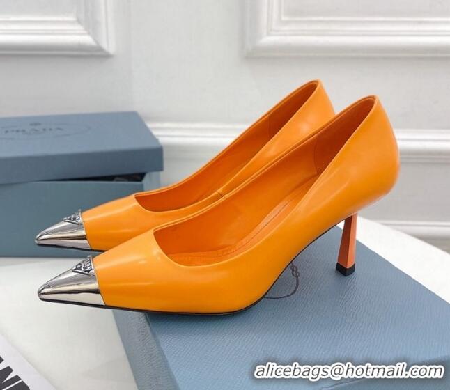 Pretty Style Prada Brush Leather Slingback Pumps 7.5cm with Metal Logo Orange 0523104