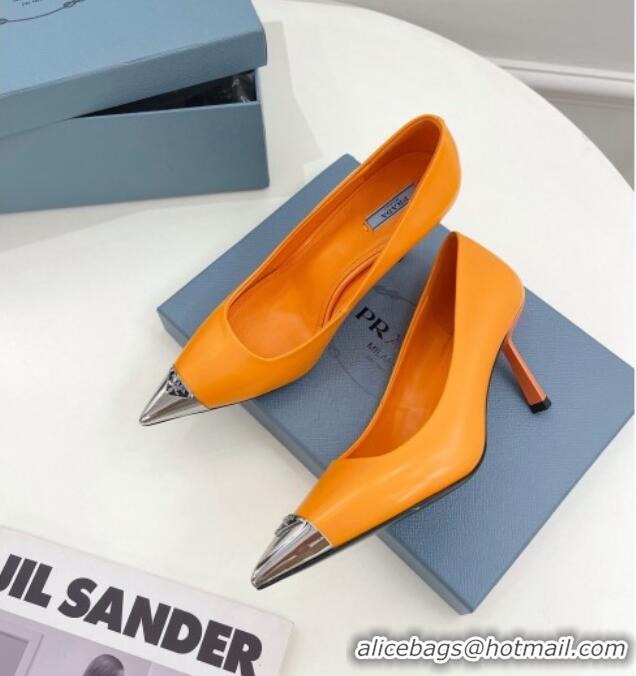 Pretty Style Prada Brush Leather Slingback Pumps 7.5cm with Metal Logo Orange 0523104