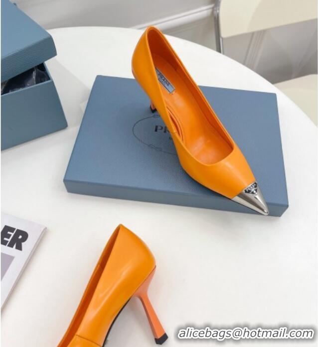 Pretty Style Prada Brush Leather Slingback Pumps 7.5cm with Metal Logo Orange 0523104