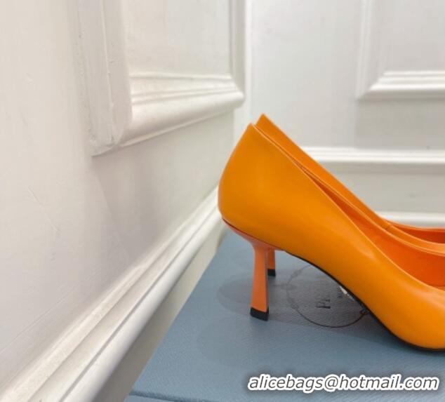 Pretty Style Prada Brush Leather Slingback Pumps 7.5cm with Metal Logo Orange 0523104