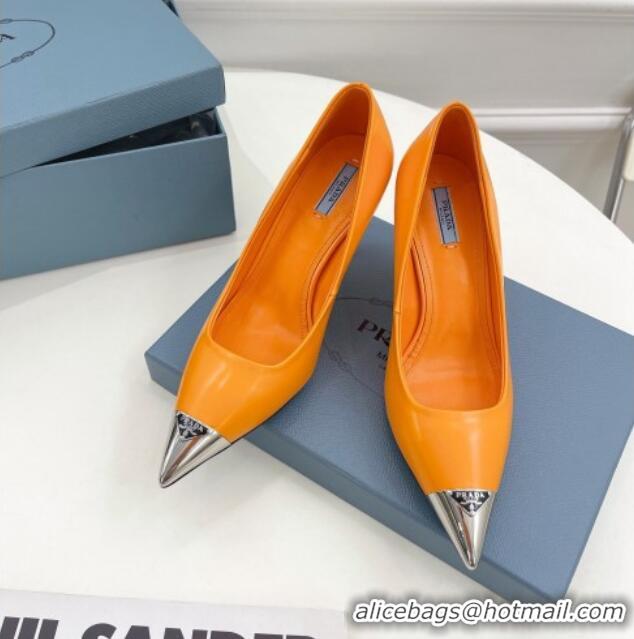 Pretty Style Prada Brush Leather Slingback Pumps 7.5cm with Metal Logo Orange 0523104