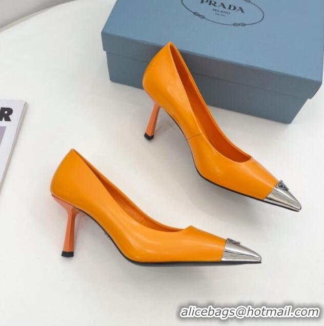 Pretty Style Prada Brush Leather Slingback Pumps 7.5cm with Metal Logo Orange 0523104