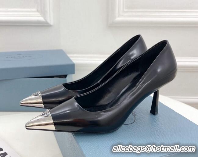 Top Grade Prada Brush Leather Mid-Heel Pumps 7.5cm with Metal Logo Black 0523105