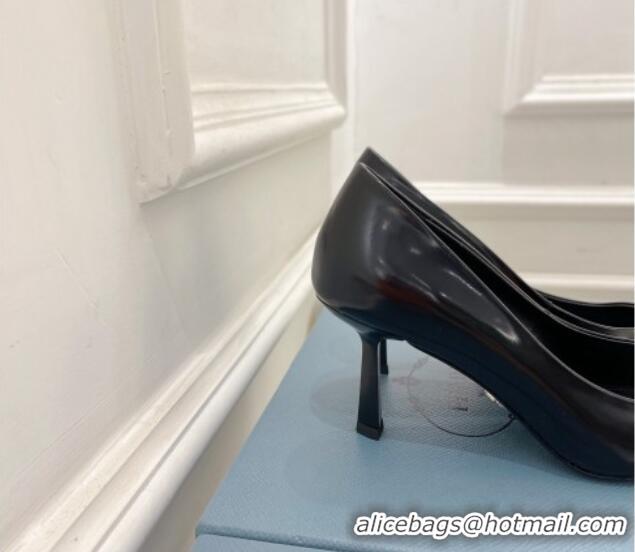 Top Grade Prada Brush Leather Mid-Heel Pumps 7.5cm with Metal Logo Black 0523105