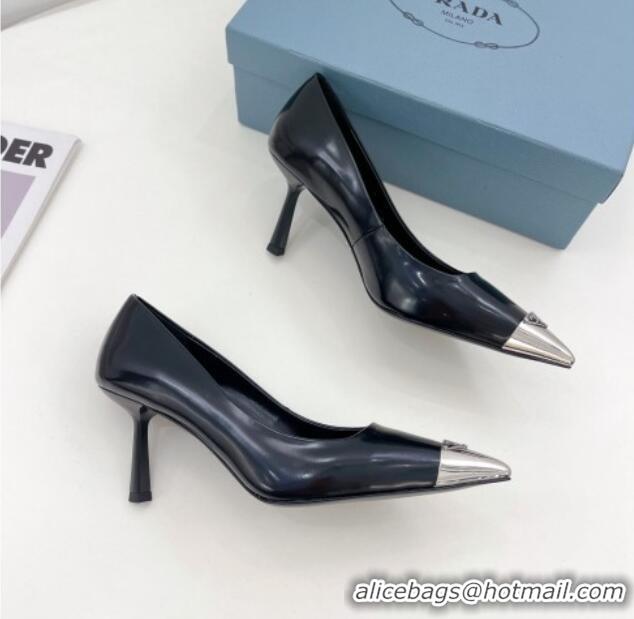 Top Grade Prada Brush Leather Mid-Heel Pumps 7.5cm with Metal Logo Black 0523105