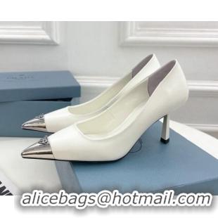 Best Grade Prada Brush Leather Mid-Heel Pumps 7.5cm with Metal Logo White 0523106