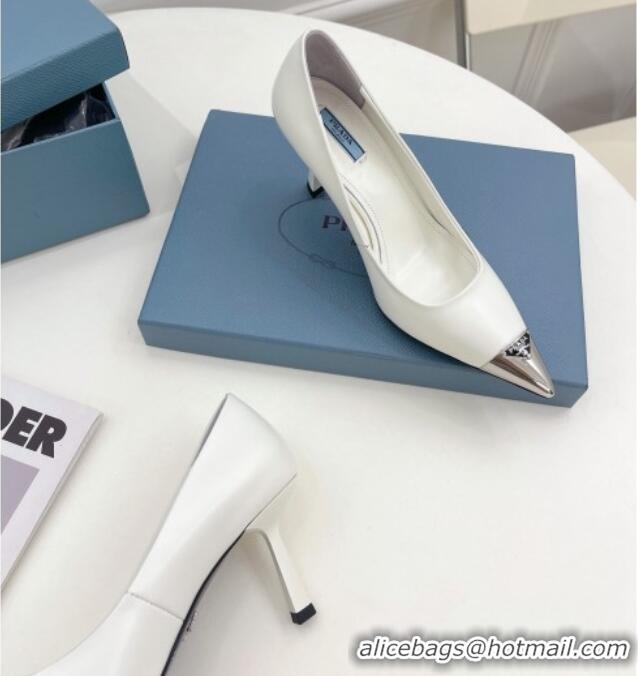 Best Grade Prada Brush Leather Mid-Heel Pumps 7.5cm with Metal Logo White 0523106