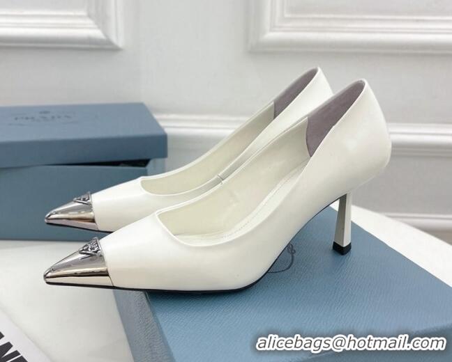 Best Grade Prada Brush Leather Mid-Heel Pumps 7.5cm with Metal Logo White 0523106