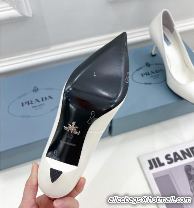 Best Grade Prada Brush Leather Mid-Heel Pumps 7.5cm with Metal Logo White 0523106