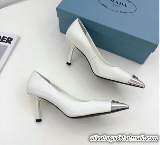 Best Grade Prada Brush Leather Mid-Heel Pumps 7.5cm with Metal Logo White 0523106