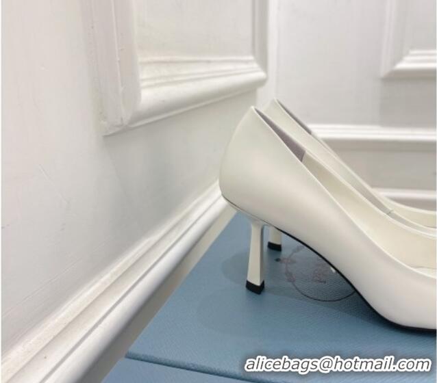 Best Grade Prada Brush Leather Mid-Heel Pumps 7.5cm with Metal Logo White 0523106