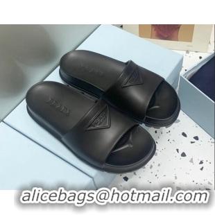 Good Quality Prada Rubber Flat Slides Sandals Black 0523110