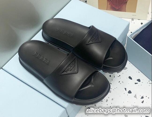 Good Quality Prada Rubber Flat Slides Sandals Black 0523110