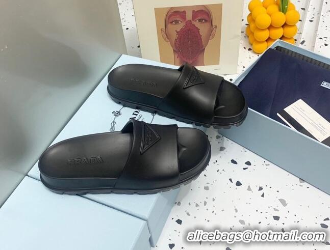 Good Quality Prada Rubber Flat Slides Sandals Black 0523110