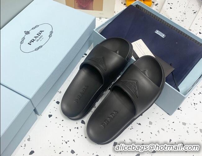 Good Quality Prada Rubber Flat Slides Sandals Black 0523110