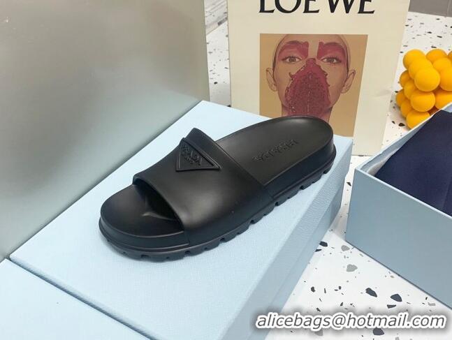 Good Quality Prada Rubber Flat Slides Sandals Black 0523110