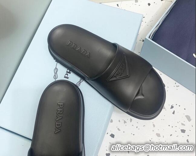 Good Quality Prada Rubber Flat Slides Sandals Black 0523110