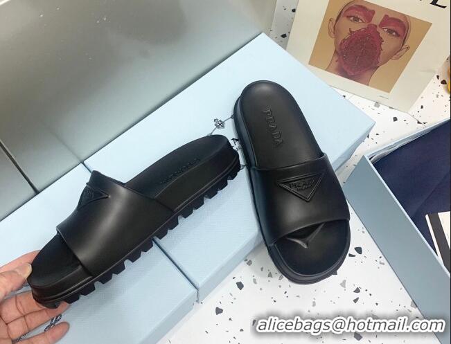 Good Quality Prada Rubber Flat Slides Sandals Black 0523110