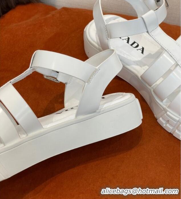 Top Design Prada Rubber Strap Flat Sandals with Metal Logo White 0523111