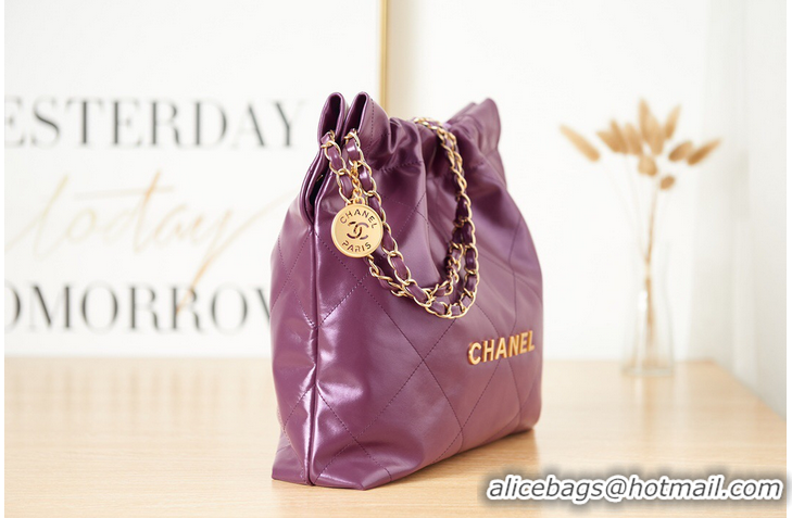 Promotional CHANEL 22 HANDBAG Calfskin & gold-Tone Metal AS3261 dark Purple