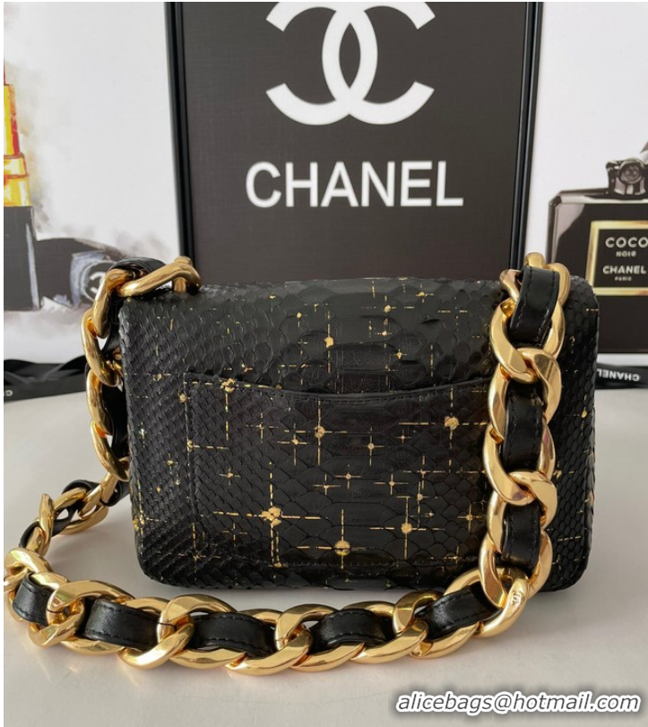 Popular Style Chanel SMALL FLAP BAG Snakeskin & Gold-Tone Metal AS3214 black&gold