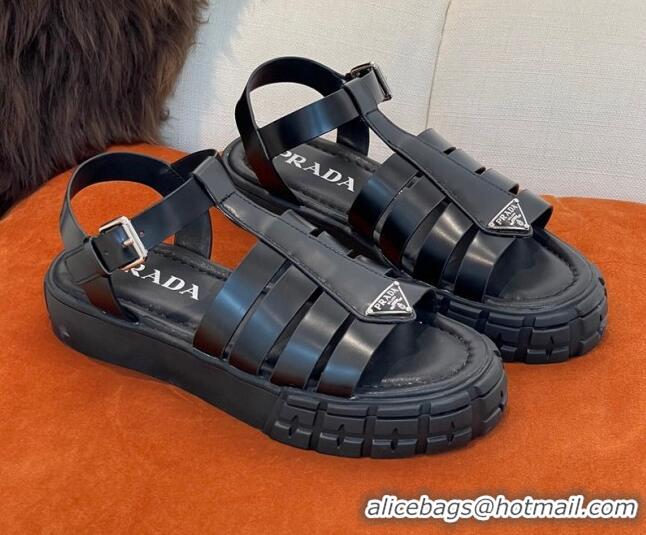 Cheap Price Prada Rubber Strap Flat Sandals with Metal Logo Black 0523112