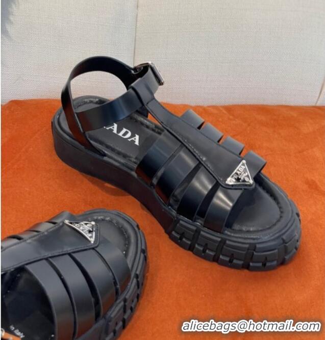 Cheap Price Prada Rubber Strap Flat Sandals with Metal Logo Black 0523112