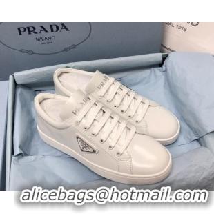 Luxurious Prada Brush Leather Sneakers with Heel Tab All White 052624