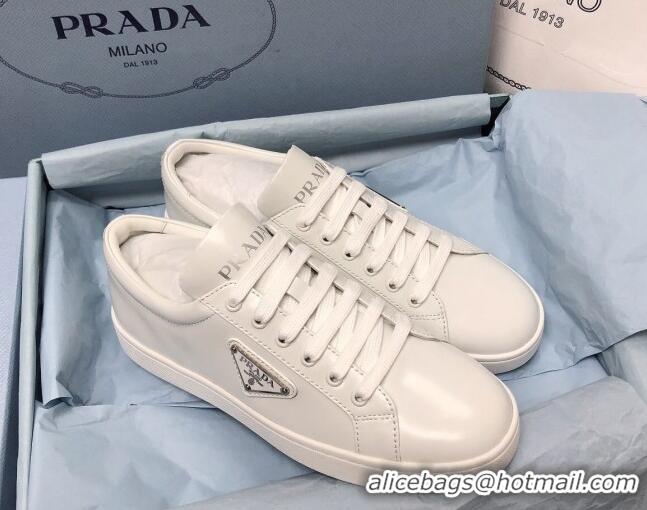 Luxurious Prada Brush Leather Sneakers with Heel Tab All White 052624