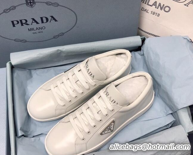 Luxurious Prada Brush Leather Sneakers with Heel Tab All White 052624