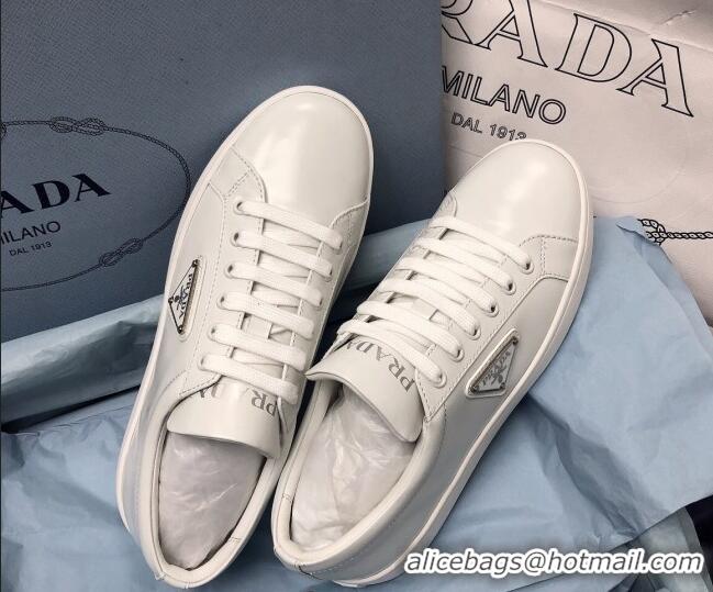 Luxurious Prada Brush Leather Sneakers with Heel Tab All White 052624