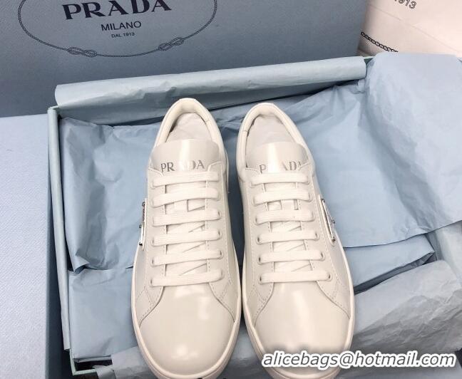 Luxurious Prada Brush Leather Sneakers with Heel Tab All White 052624