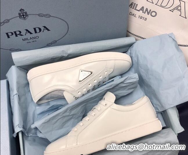 Luxurious Prada Brush Leather Sneakers with Heel Tab All White 052624