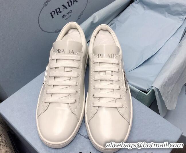 Luxurious Prada Brush Leather Sneakers with Heel Tab All White 052624