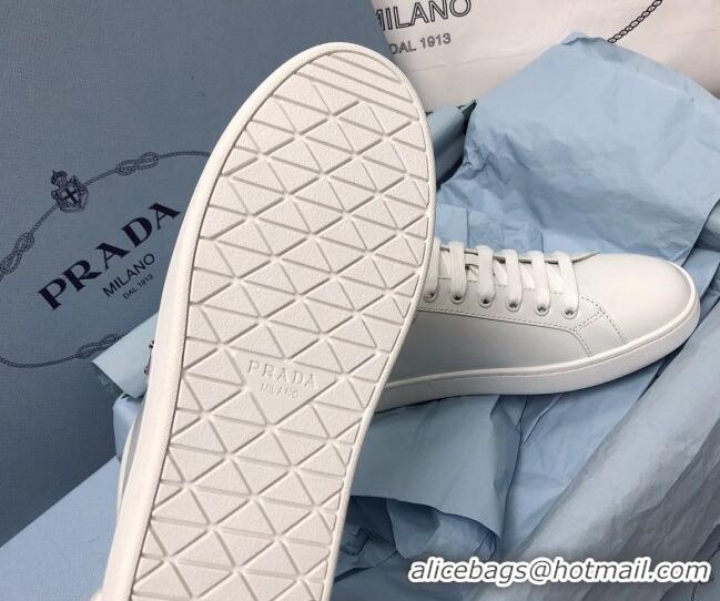 Luxurious Prada Brush Leather Sneakers with Heel Tab All White 052624