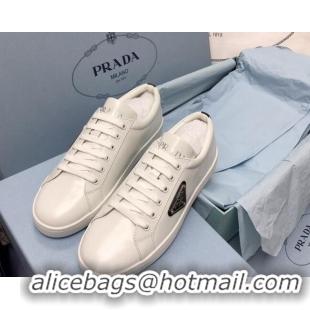 Discount Fashion Prada Brush Leather Sneakers with Black Heel Tab White 2052625