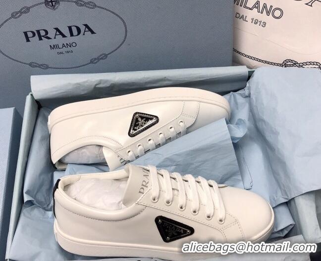 Discount Fashion Prada Brush Leather Sneakers with Black Heel Tab White 2052625