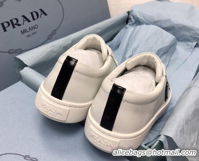 Discount Fashion Prada Brush Leather Sneakers with Black Heel Tab White 2052625