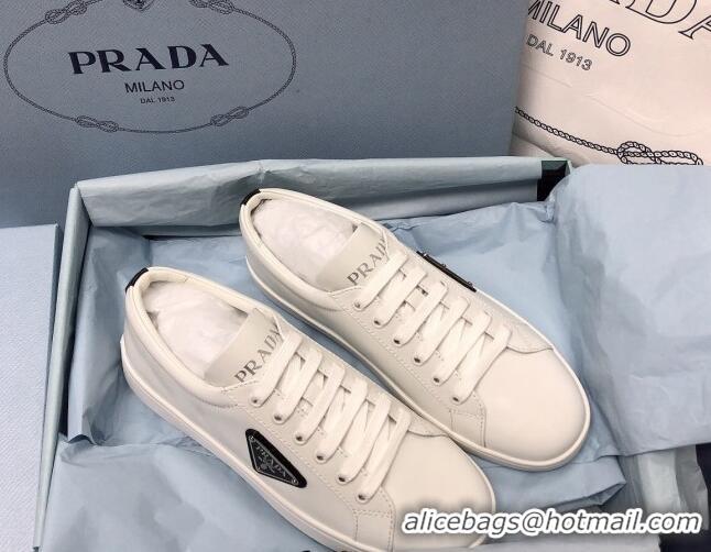 Discount Fashion Prada Brush Leather Sneakers with Black Heel Tab White 2052625