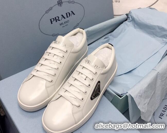 Discount Fashion Prada Brush Leather Sneakers with Black Heel Tab White 2052625