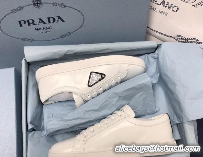 Discount Fashion Prada Brush Leather Sneakers with Black Heel Tab White 2052625