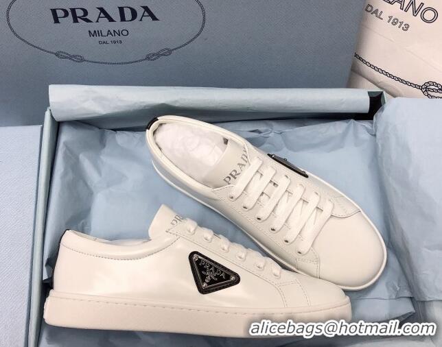 Discount Fashion Prada Brush Leather Sneakers with Black Heel Tab White 2052625