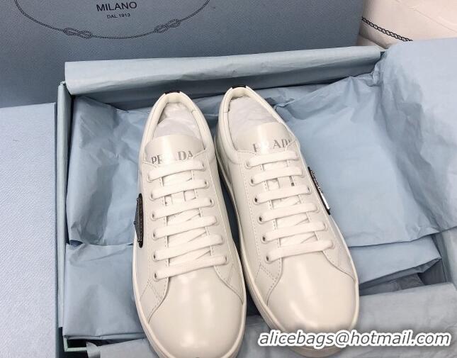 Discount Fashion Prada Brush Leather Sneakers with Black Heel Tab White 2052625