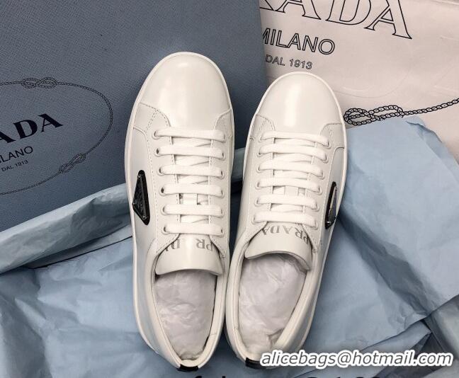 Discount Fashion Prada Brush Leather Sneakers with Black Heel Tab White 2052625