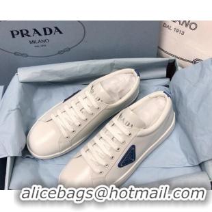 Best Price Prada Brush Leather Sneakers with Blue Heel Tab White 2052626