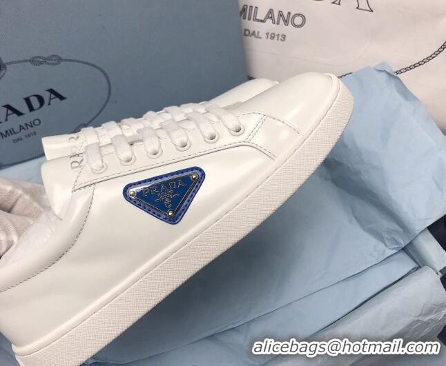 Best Price Prada Brush Leather Sneakers with Blue Heel Tab White 2052626